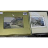 Two framed prints, one of a beach scene and a Jack Stevens print of a horse and dogs. Not
