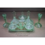*ART DECO URANIUM GLASS GREEN 9 PIECE DRESSING TABLE SET / THE TOP OF ONE CANDLESTICK HAS BEEN