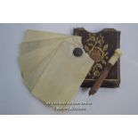 ANTIQUE MINIATURE IVORY NOTE CARDS IN A DECORATIVE LEATHER CASE WITH LEAD HOLDER