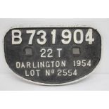 RAILWAY INTREST, ORIGINAL CAST IRON TRAIN SIGN B731904 22T DARLINGTON 1954, 28 X 16.5CM