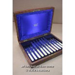 *SILVER PLATE 12-PIECE CANTEEN OF CUTLERY. MAHOGANY BOX WITH BRASS INLAY
