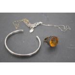 SILVER BANGLE, PENDANT AND COSTUME RING