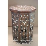 *ANTIQUE HEXAGONAL ISLAMIC INLAID WOODEN SIDE TABLE / 41CM HIGH , 32CM WIDE [LQD188]