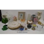 BOX OF ASSORTED CHINA & GLASS INCLUDING NINE SAUCERS OF ROYAL ALBERT 'COUNTRY ROSE' AND E.VAN