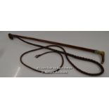*VICTORIAN HUNTING WHIP WITH ANTLER HANDLE AND SILVER KNOT COLLAR / TOTAL LENTH 9FT [LQD197]