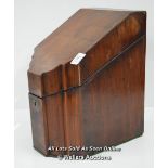 *GEORGIAN MAHOGANY KNIFE BOX OF SERPENTINE OUTLINE, SUBTLE STITCH INLAYS AND HINGED LID WITH