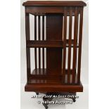 *EARLY 20TH CENTURY MAHOGANY 2-TIER REVOLVING BOOKCASE, FLANKED BY SLATTED SIDES ON FOUR LEGGED BASE