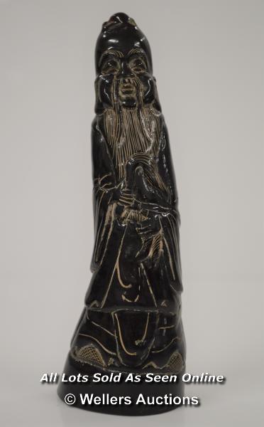 *CHINESE CARVED HORN STATUE OF AN ELDER - BLACK - 15.5CM HIGH - CARVING [LQD197]