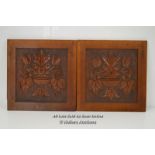 *PAIR OF HAND CARVED MAHOGANY PANELS WITH URN FLOWER & LEAF DECOR / 37.5 X 38CM [LQD197]