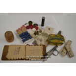 VINTAGE SEWING ITEMS INCLUDING THIMBLES, PATCHES AND BUTTONS