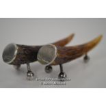 *PAIR OF ANTIQUE DEER ANTLER & STERLING HM SILVER VICTORIAN KNIFE RESTS C1891 SA/LB [LQD197]