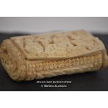 *19C FRENCH NAPOLEONIC PRISONER OF WAR DEEP CARVED MUTTON BOVINE CARVED SNUFF BOX / 8.5 X 4.5 X