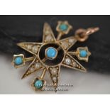 *VICTORIAN EDWARDIAN 9 CT GOLD PEARLS TURQUOISE STAR PENDANT [LQD197]