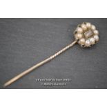 *GEORGIAN 9 CT GOLD MOURNING STICKPIN WITH PEARLS / 6CM [LQD197]