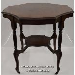 *EDWARDIAN MAHOGANY OCTAGONAL OCCASIONAL TABLE WITH MATCHING UNDER TIER UNITED BY ELEGANTLY SHAPED