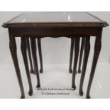 *SET OF 3 GRADUATED IN SIZE ENGLISH CARVED MAHOGANY NEST OF TABLES WITH CROSSBANDED TOP UNDER THE