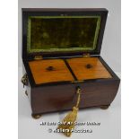 *REGENCY SARCOPHAGUS SHAPED TEA CADDY WITH SHELL INLAY & KEY, CIRCA 1825 / 25 X 15 X 16.5CM [