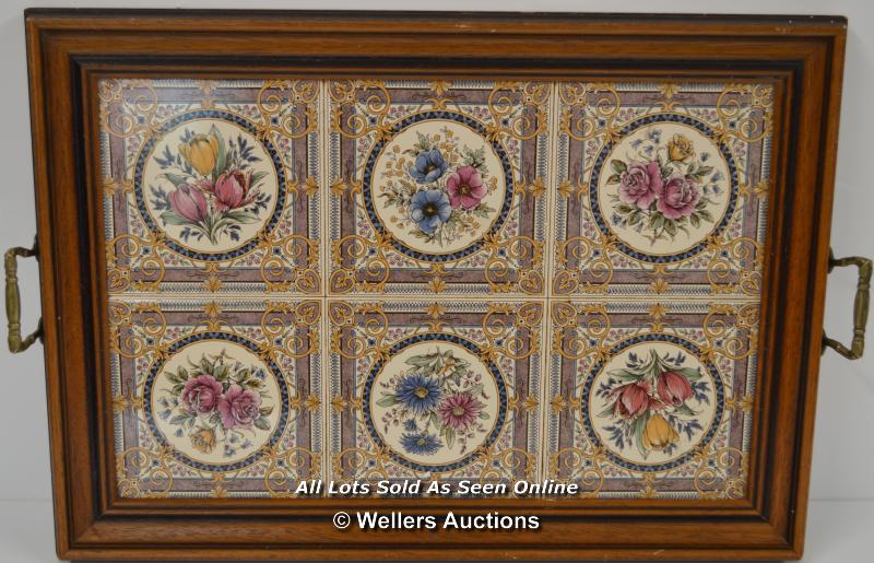 *MAHOGANY VICTORIAN ANTIQUE ENGLISH GARDEN FLOWERS MINTON TILE SERVING TRAY / 54 X 38CM [LQD197] - Image 2 of 4