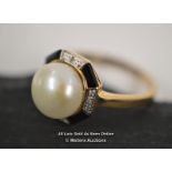 *9CT YELLOW GOLD PEARL, ONYX & DIAMOND OCTAGONAL / SIZE N.5 [LQD197]