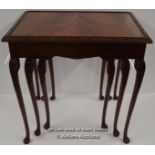 *SET OF 3 GRADUATED IN SIZE ENGLISH CARVED MAHOGANY NEST OF TABLES WITH FLAMED MAHOGANY TOP RAISED