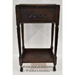 *19TH CENTURY OAK SEWING BOX TABLE WITH MOULDED TOP ENCLOSING STORAGE SPACE AND CARVED SHELL AND