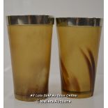*2 X VINTAGE LARGE ANTIQUE HORNED HORN BEAKER CUPS WITH SILVER (PLATED) RIM [LQD197]