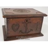 *FOLK ART WOODEN BOX WITH HAND DOVETAILING AND PEG JOINTS. HAND CARVING TO FOUR SIDES WITH THE "