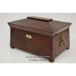*HUGE C.1860 FLAME MAHOGANY TEA CADDIE LION CARRYING HANDLES LOCKING / 33 X 23 X 20CM, WITHOUT