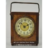 *TRAVEL MANTEL CLOCK IN UNUSUAL MAHOGANY CASE / 9CM HIGH / IN WORKING ORDER [LQD197]