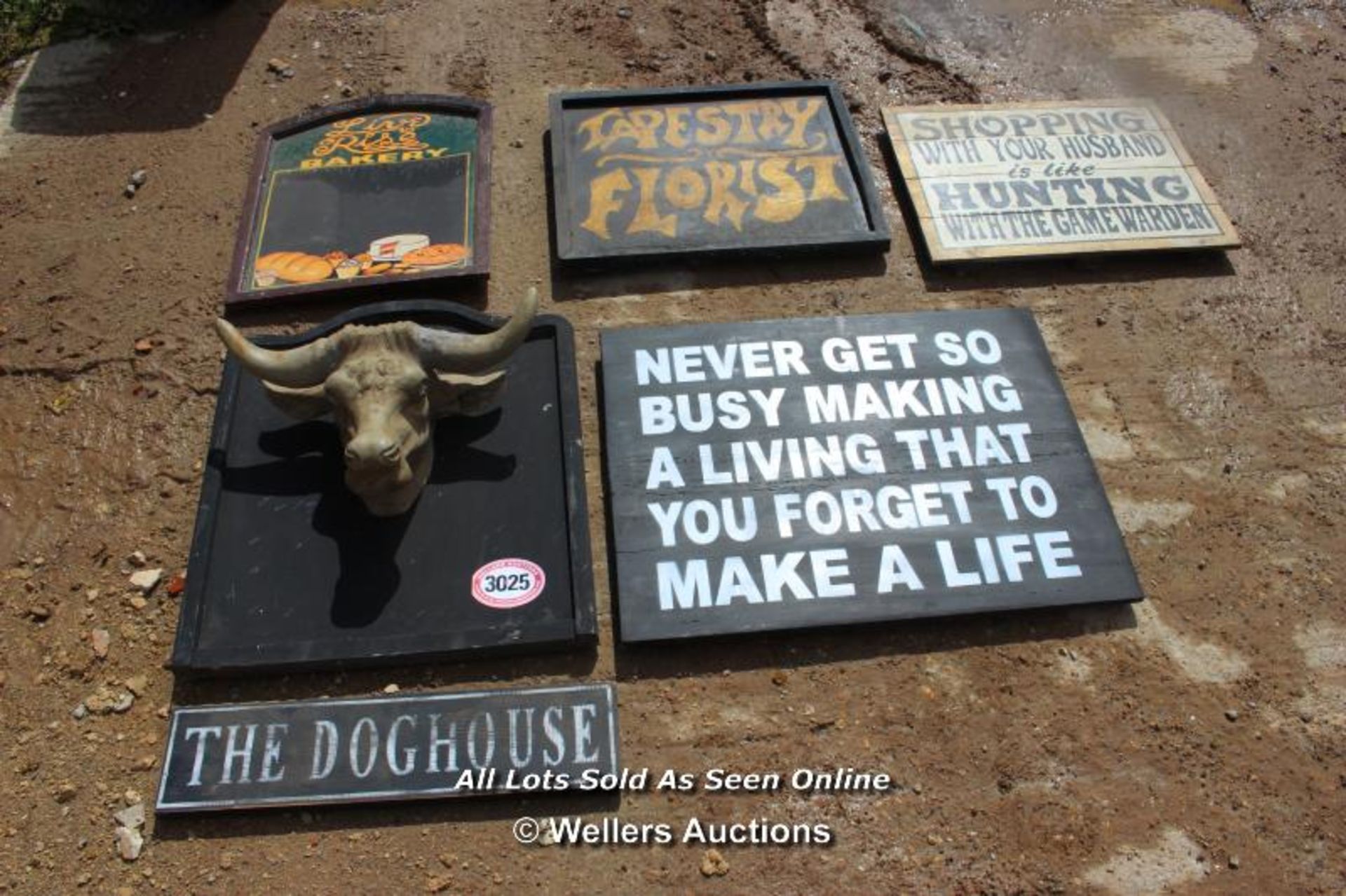 *SIX VARIOUS WOODEN SIGNS INCLUDING 'A BULL'S HEAD' AND 'A BAKERY'