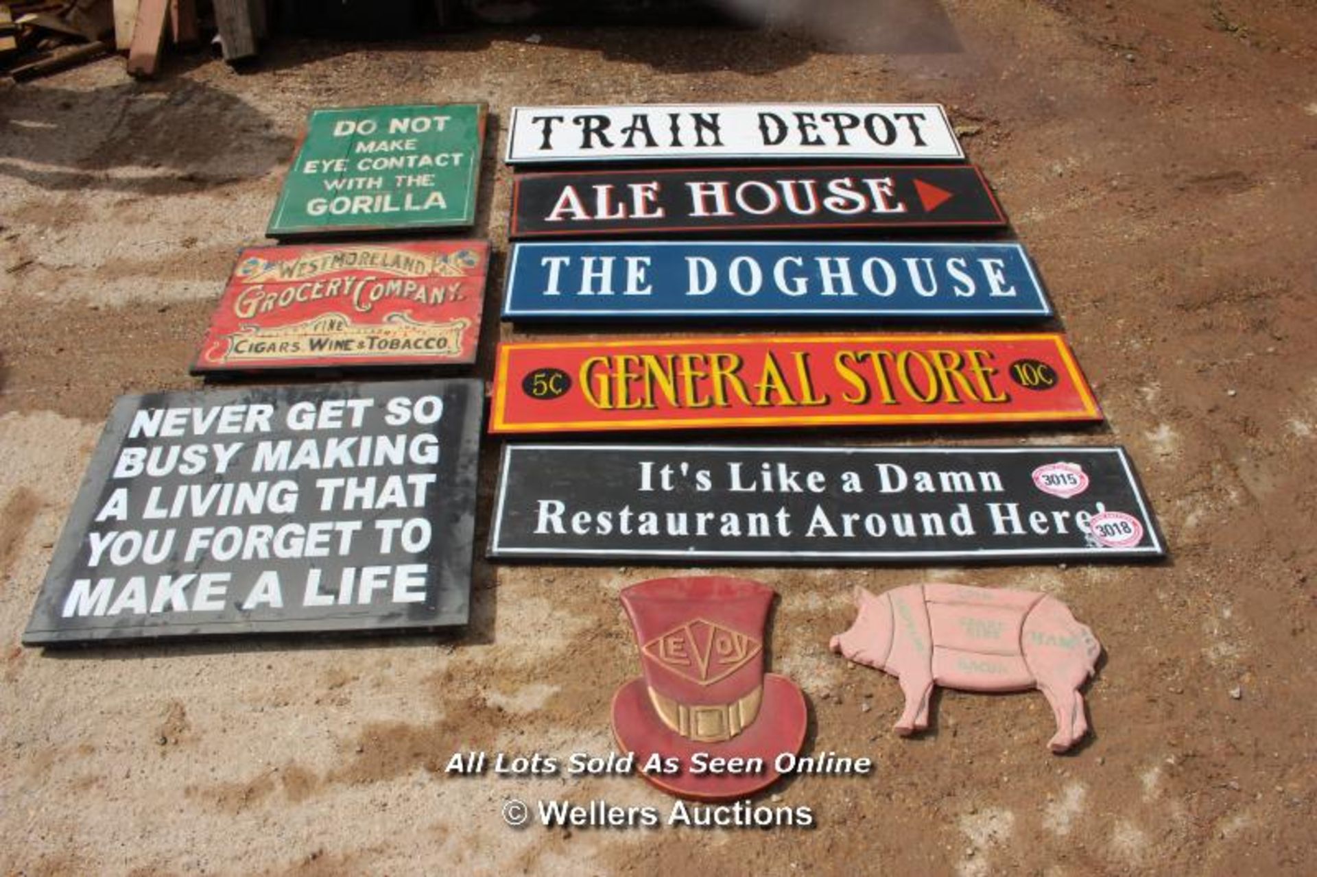 *TEN VARIOUS WOODEN SIGNS INCLUDING 'DO NOT MAKE EYE CONTACT WITH THE GORILLA'