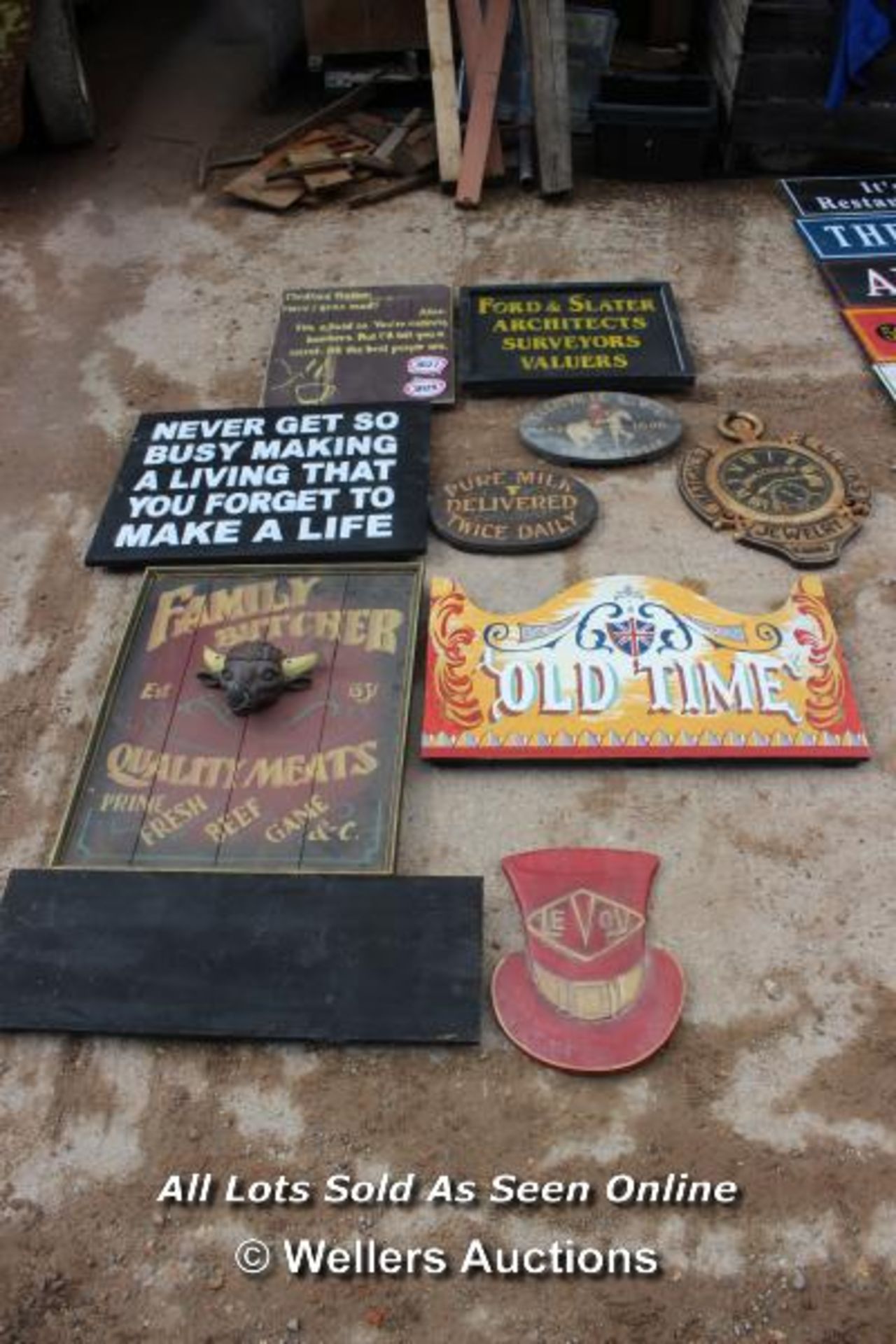 *TEN VARIOUS WOODEN SIGNS INCLUDING 'FORD AND SLATER' AND 'WATCHES, CLOCKS AND JEWELLERY'