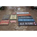 *TEN VARIOUS WOODEN SIGNS INCLUDING 'TRAIN DEPOT' AND 'GROCERY COMPANY AND MORE'