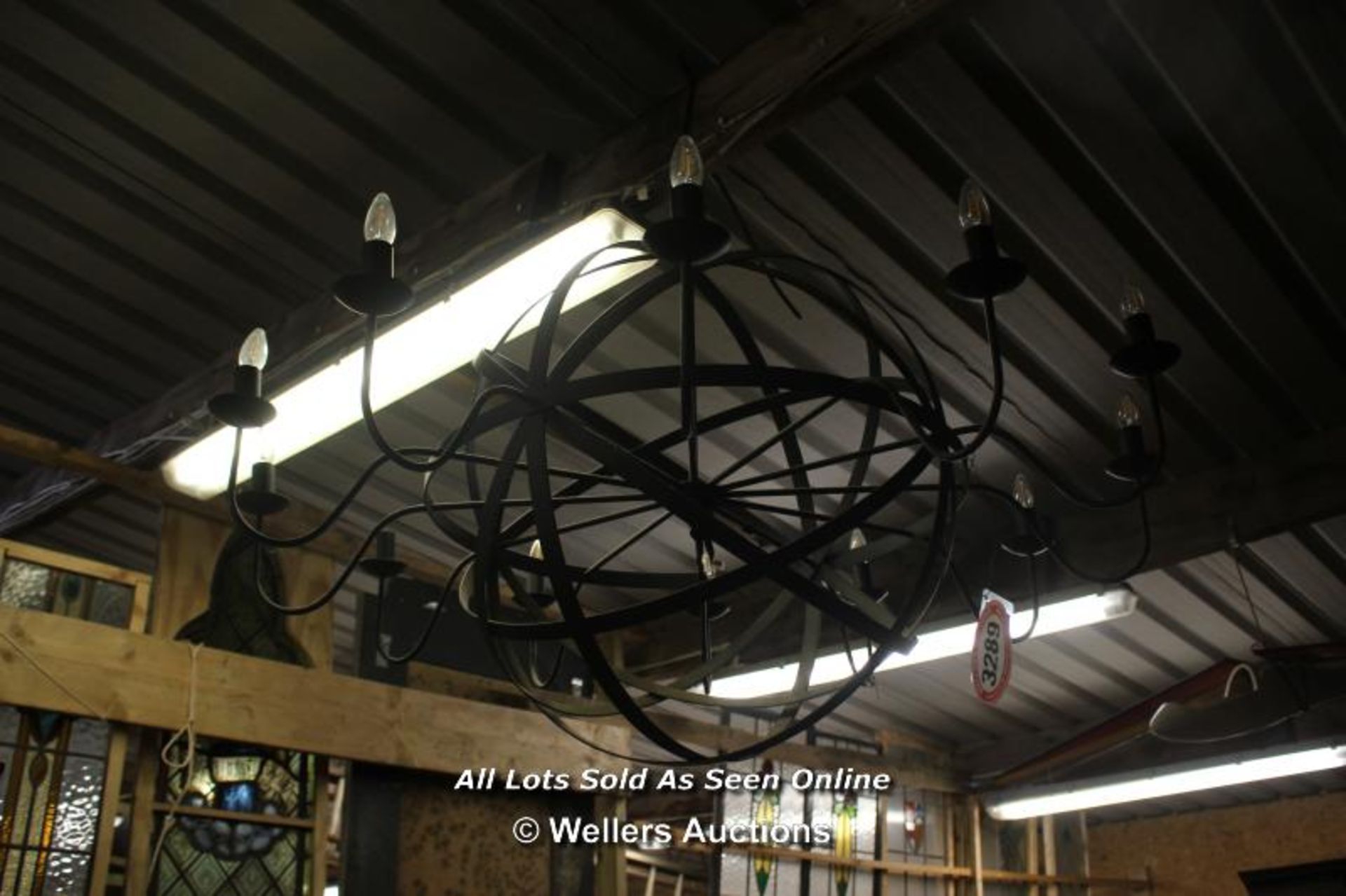 *LARGE WROUGHT IRON SPHERICAL BARN LIGHT