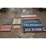 *TEN VARIOUS WOODEN SIGNS INCLUDING 'TRAIN DEPOT' AND 'GROCERY COMPANY AND MORE'