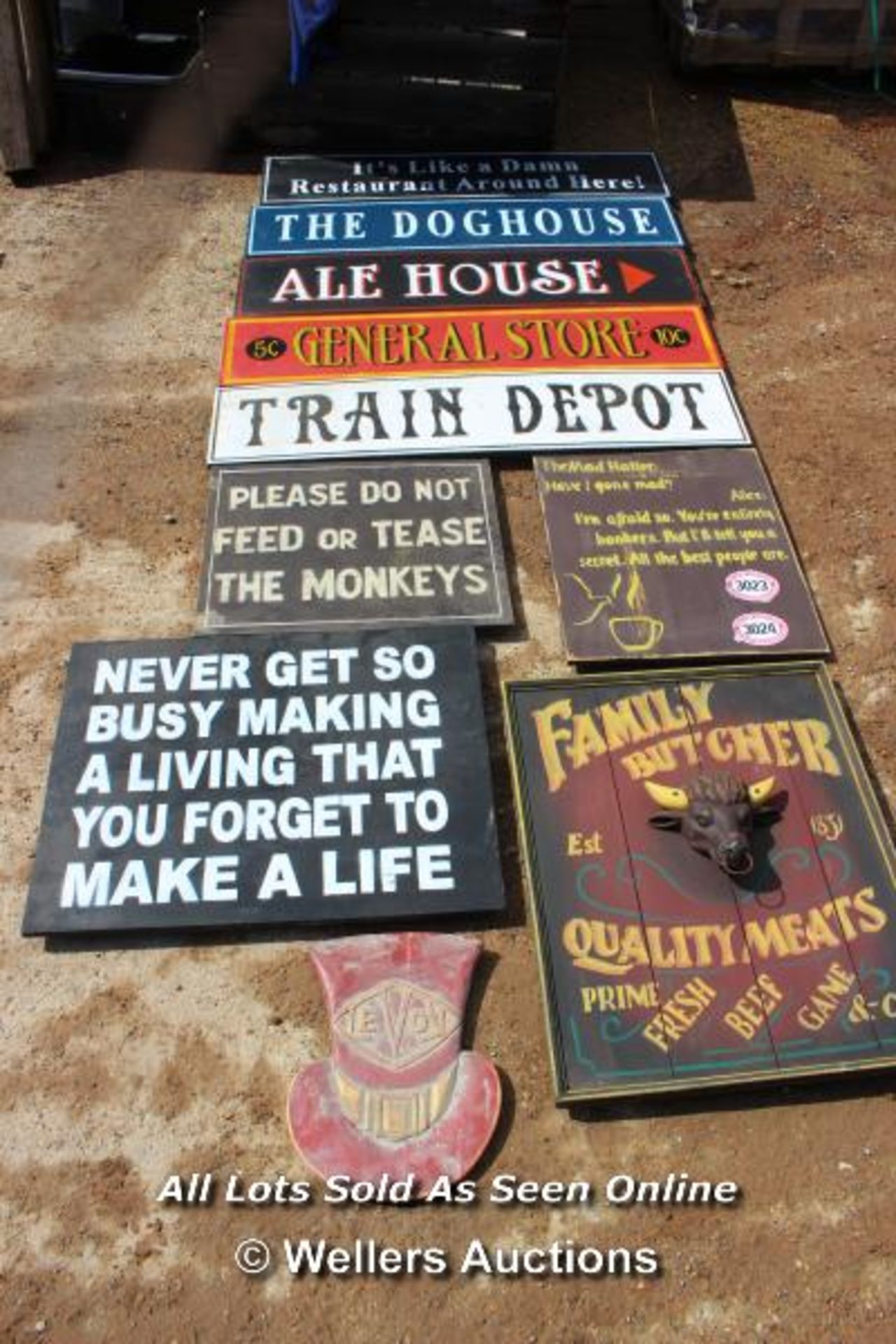 *TEN VARIOUS WOODEN SIGNS INCLUDING 'PLEASE DO NOT FEED THE MONKEYS' AND 'THE TRAIN DEPOT'