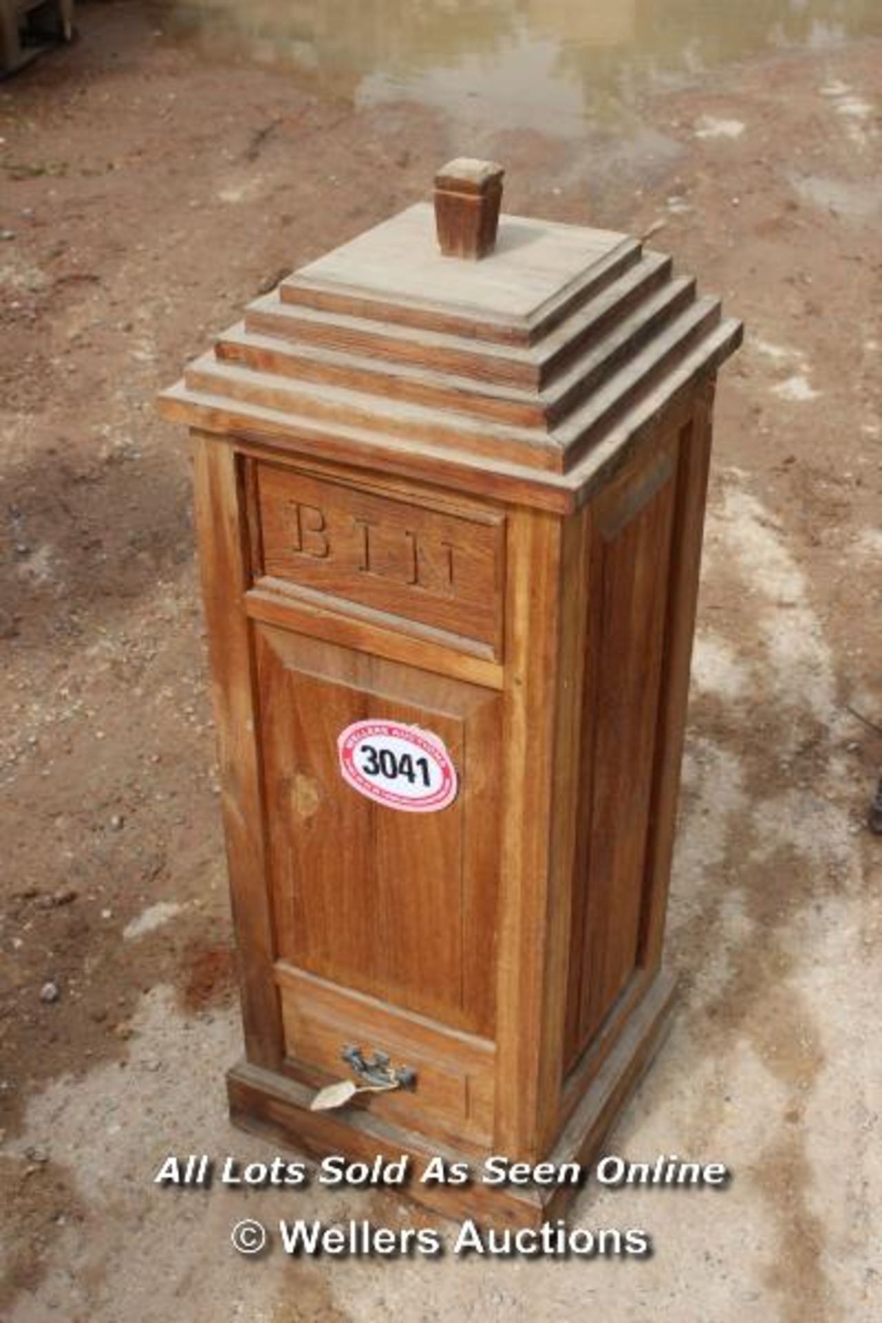 *HARDWOOD TELEPHONE BOX STYLE BIN, 30CM X 30CM X 92CM