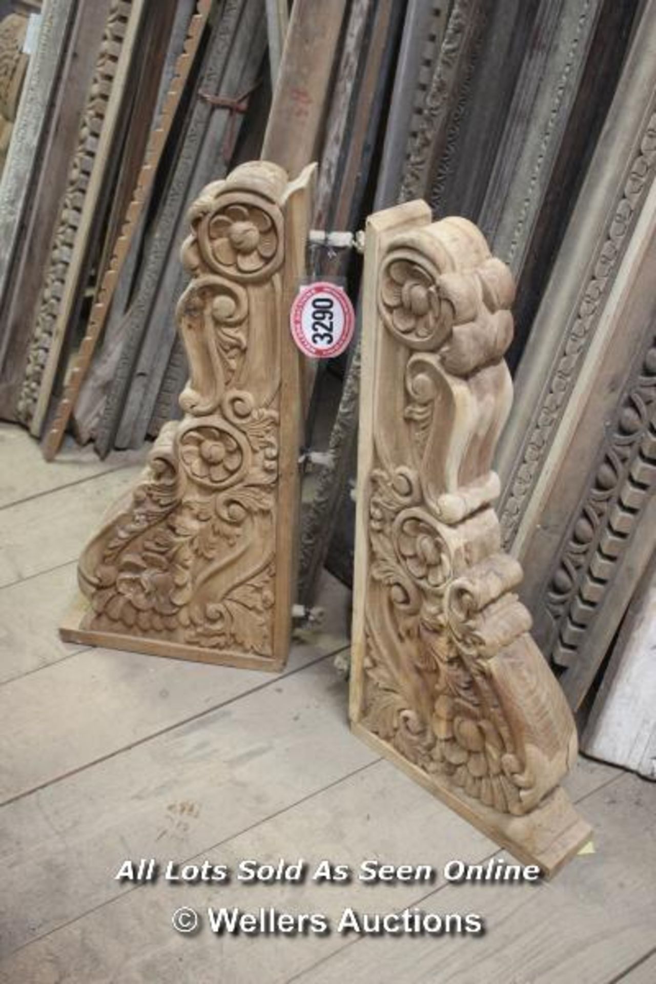 *PAIR OF LARGE CARVED WOODEN CORBELS, 80CM HIGH