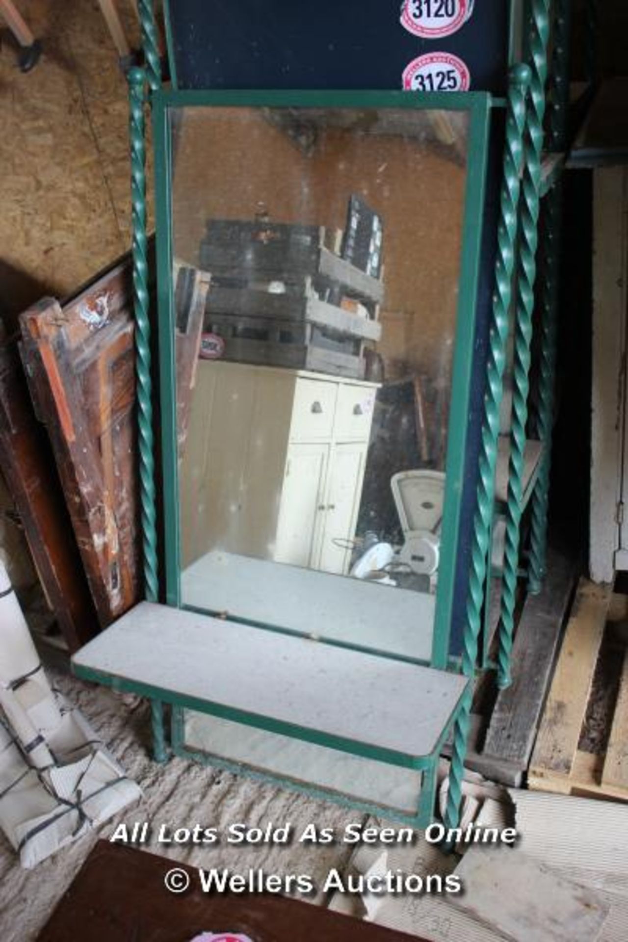 *METAL FRAMED MIRROR WITH SHELF, 67CM X 137CM