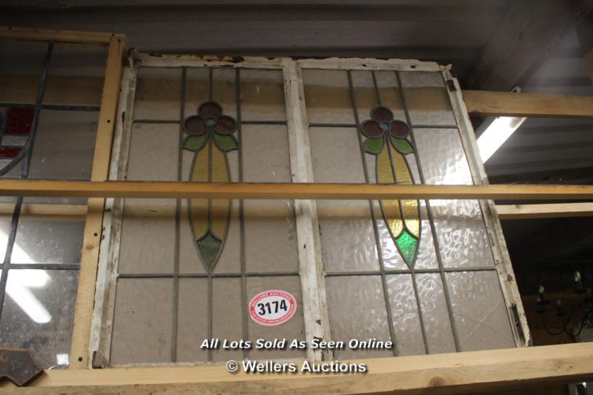 *PAIR OF STAINED GLASS CRITTAL WINDOWS, EACH 48.5CM X 91CM