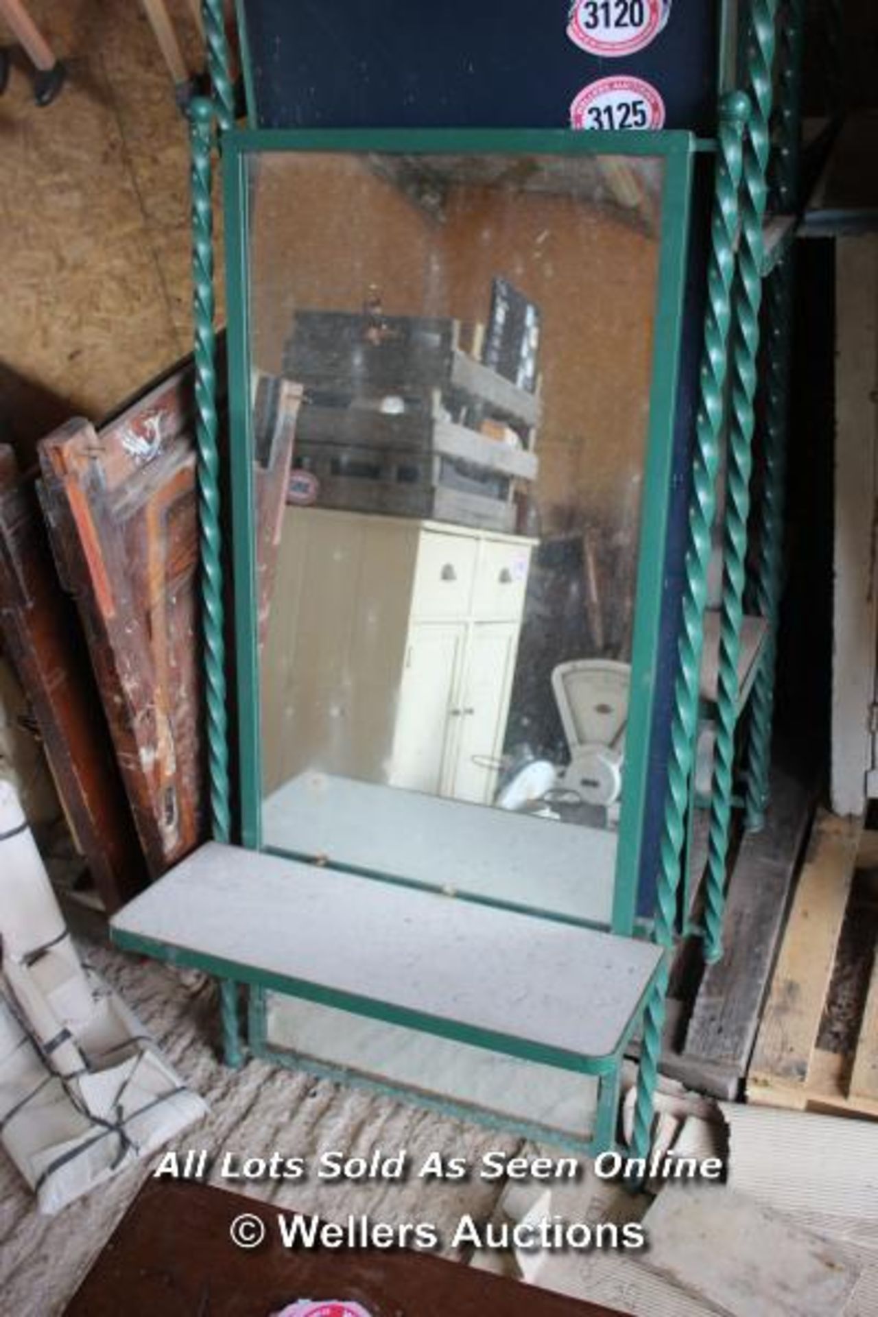 *METAL FRAMED MIRROR WITH SHELF, 67CM X 137CM