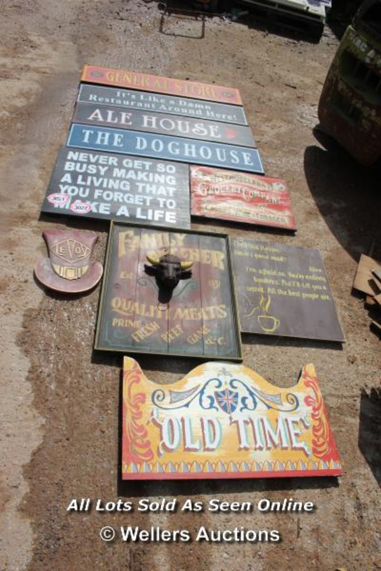 *TEN VARIOUS WOODEN SIGNS INCLUDING 'ALE HOUSE' AND 'THE MAD HATTER'
