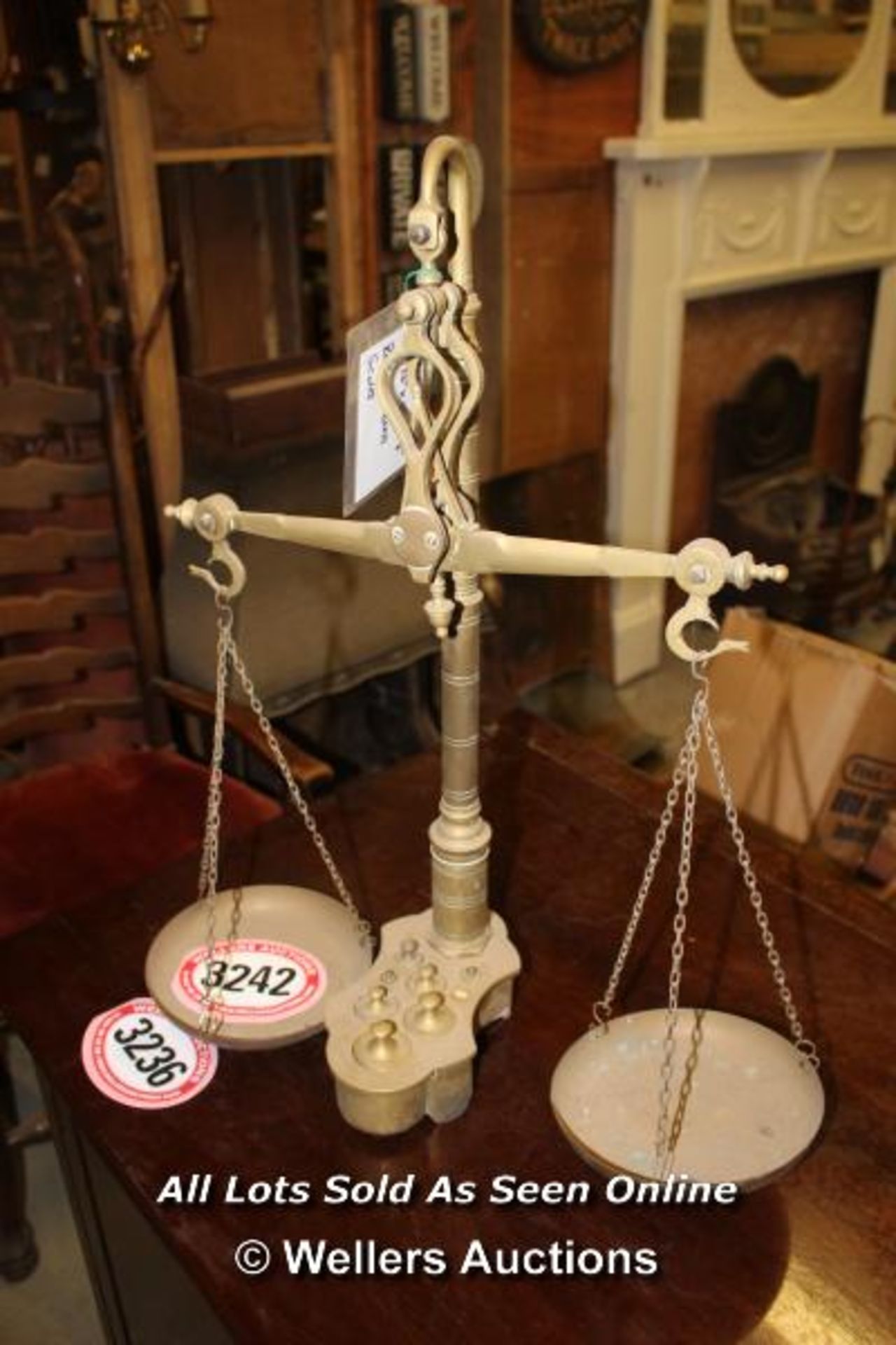 *BRASS WEIGHING SCALES WITH WEIGHTS (MISSING ONE WEIGHT)