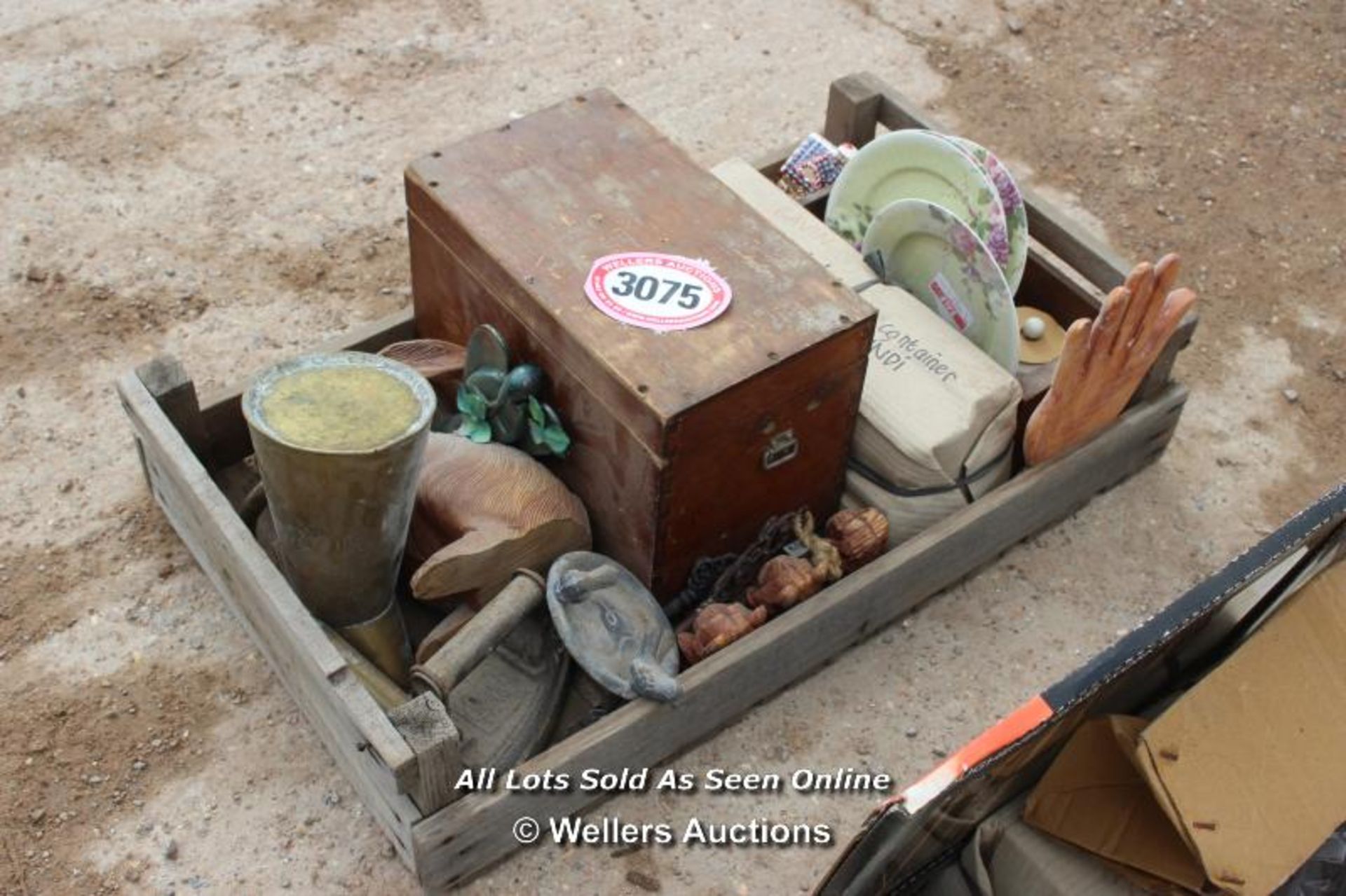 *CRATE OF VARIOUS BYGONES INCLUDING AN IRON AND VARIOUS REPRO SIGNS