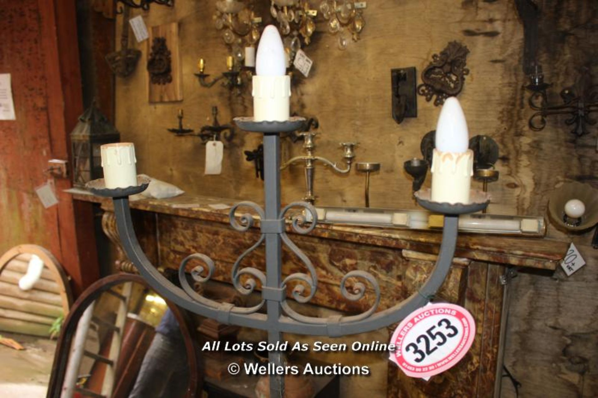 *WROUGHT IRON HIGH STANDING THREE BRANCH ELECTRIC CANDELABRA, 159CM HIGH - Image 3 of 3