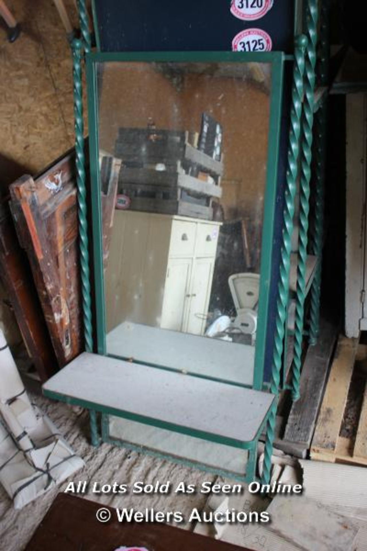 *METAL FRAMED MIRROR WITH SHELF, 67CM X 137CM