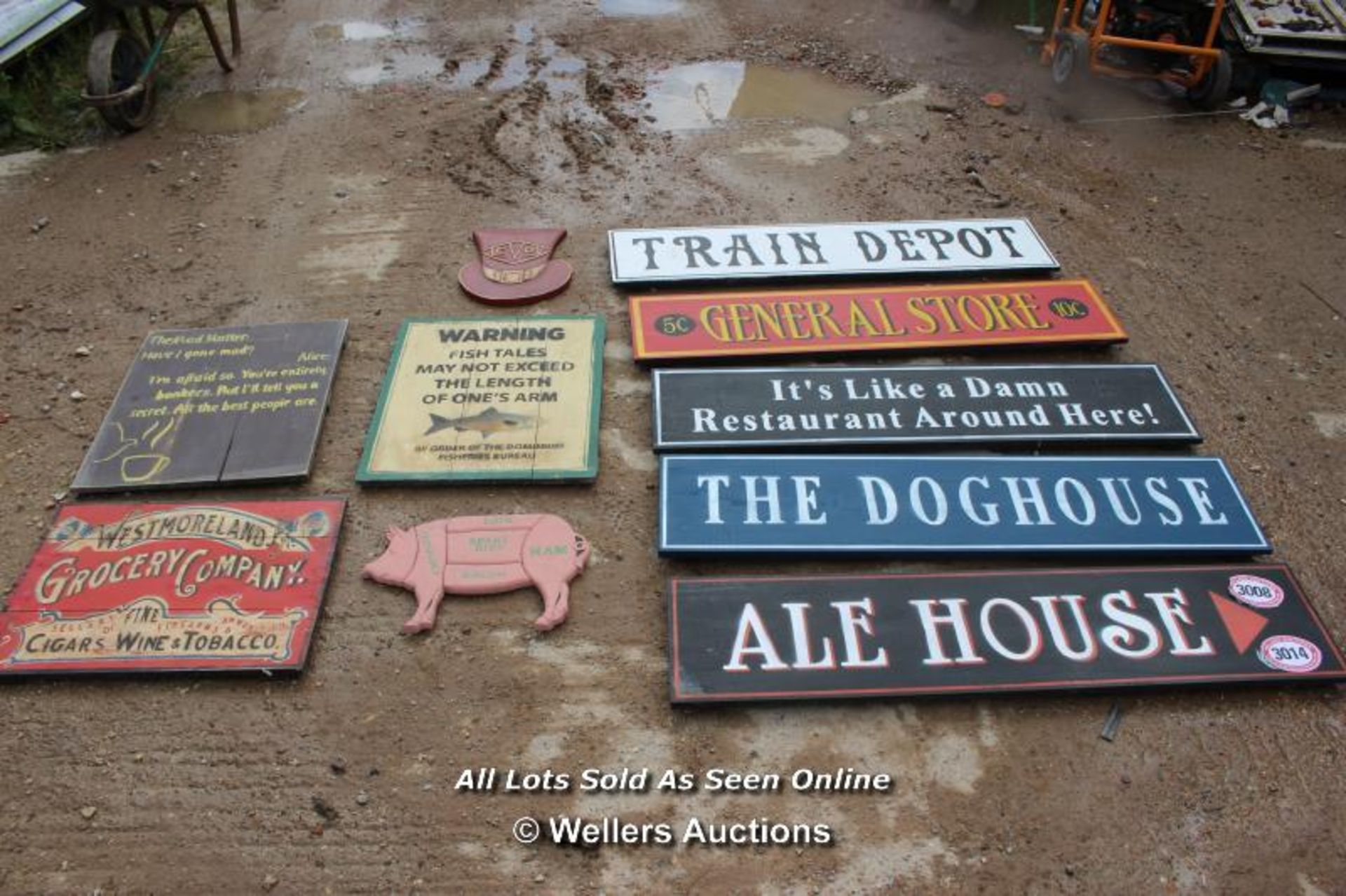 *TEN VARIOUS WOODEN SIGNS INCLUDING 'TRAIN DEPOT' AND 'GROCERY COMPANY AND MORE'