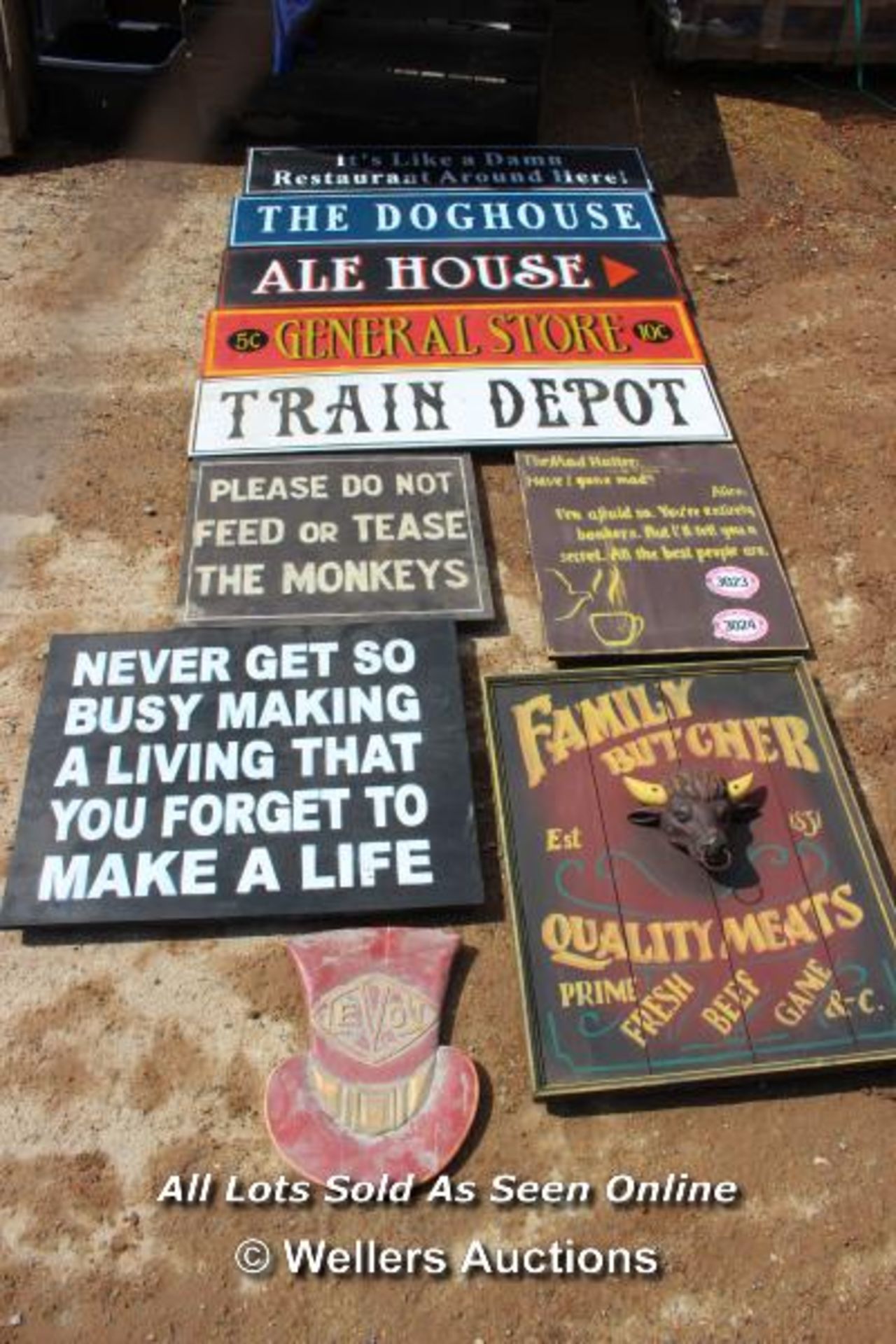 *TEN VARIOUS WOODEN SIGNS INCLUDING 'PLEASE DO NOT FEED THE MONKEYS' AND 'THE TRAIN DEPOT'