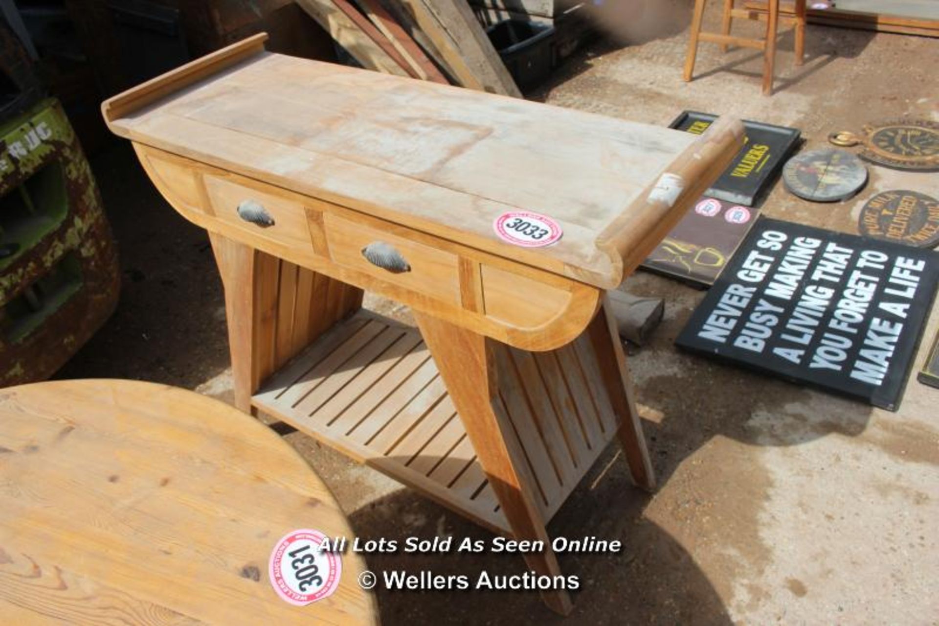 *WOODEN CONSORT TABLE WITH TWO DRAWERS, 121CM X 45CM X 90CM