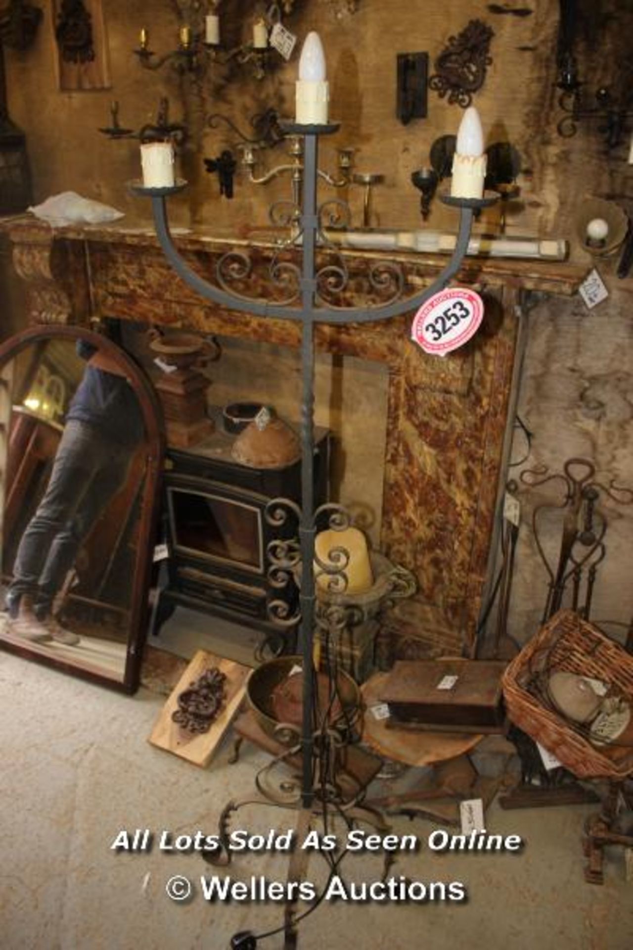 *WROUGHT IRON HIGH STANDING THREE BRANCH ELECTRIC CANDELABRA, 159CM HIGH